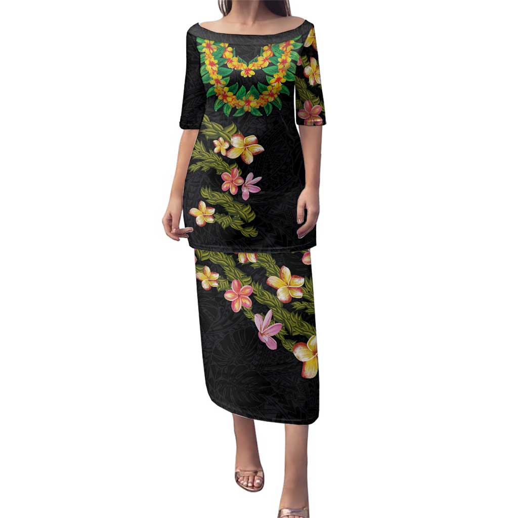 Hawaiian Lei Plumeria and Tropical Leaves Family Matching Puletasi and Hawaiian Shirt Watercolor Style