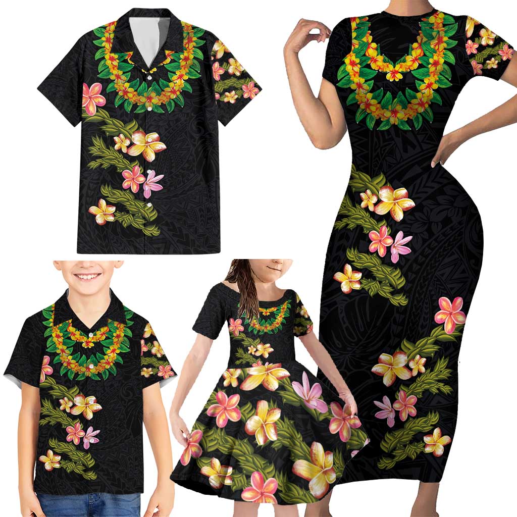 Hawaiian Lei Plumeria and Tropical Leaves Family Matching Short Sleeve Bodycon Dress and Hawaiian Shirt Watercolor Style