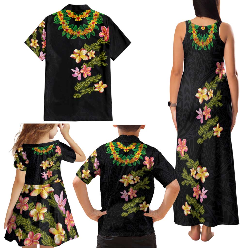 Hawaiian Lei Plumeria and Tropical Leaves Family Matching Tank Maxi Dress and Hawaiian Shirt Watercolor Style