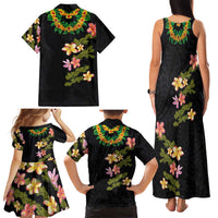 Hawaiian Lei Plumeria and Tropical Leaves Family Matching Tank Maxi Dress and Hawaiian Shirt Watercolor Style