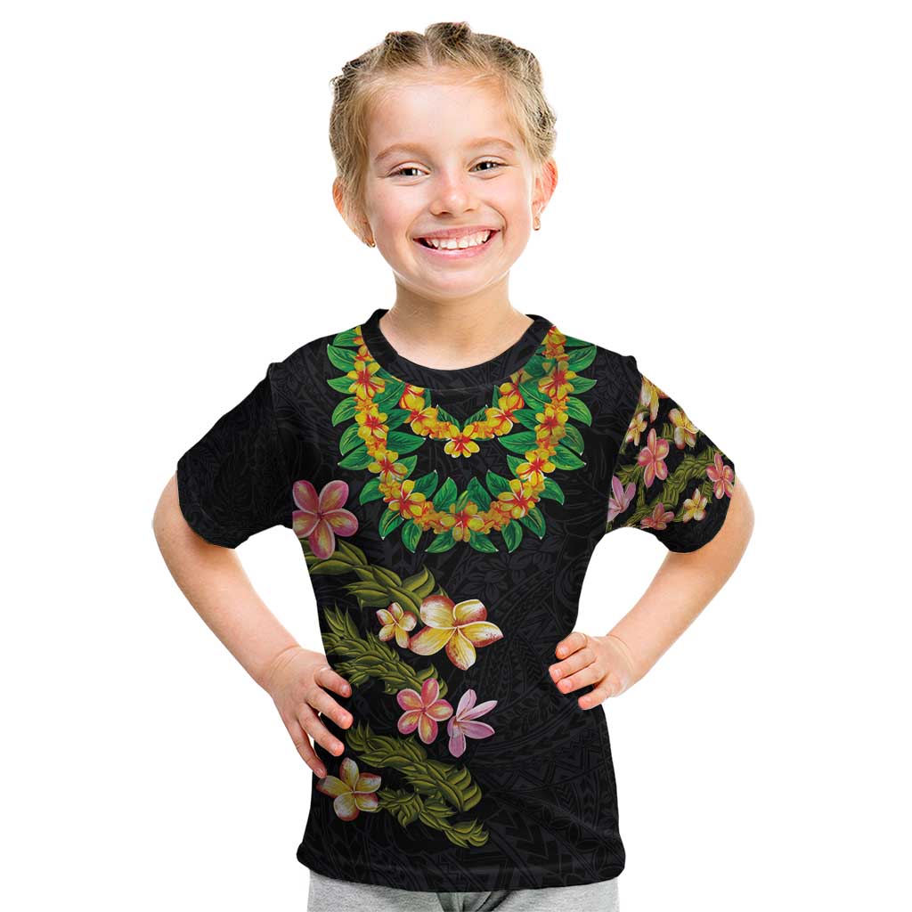 Hawaiian Lei Plumeria and Tropical Leaves Kid T Shirt Watercolor Style