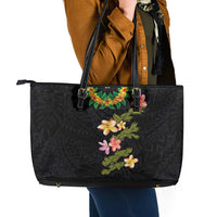 Hawaiian Lei Plumeria and Tropical Leaves Leather Tote Bag Watercolor Style LT03 - Polynesian Pride