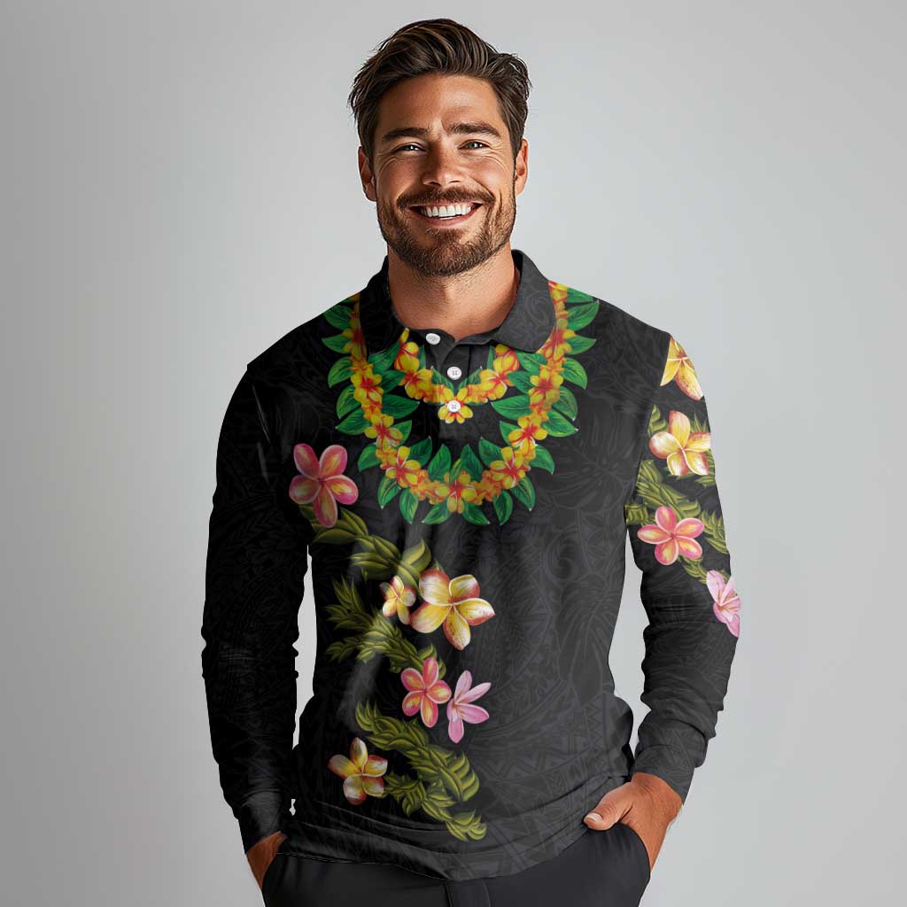 Hawaiian Lei Plumeria and Tropical Leaves Long Sleeve Polo Shirt Watercolor Style