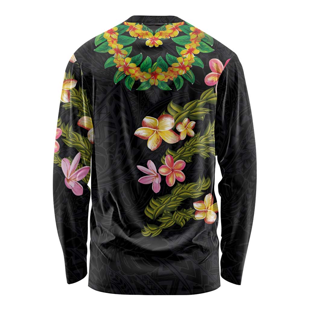 Hawaiian Lei Plumeria and Tropical Leaves Long Sleeve Shirt Watercolor Style