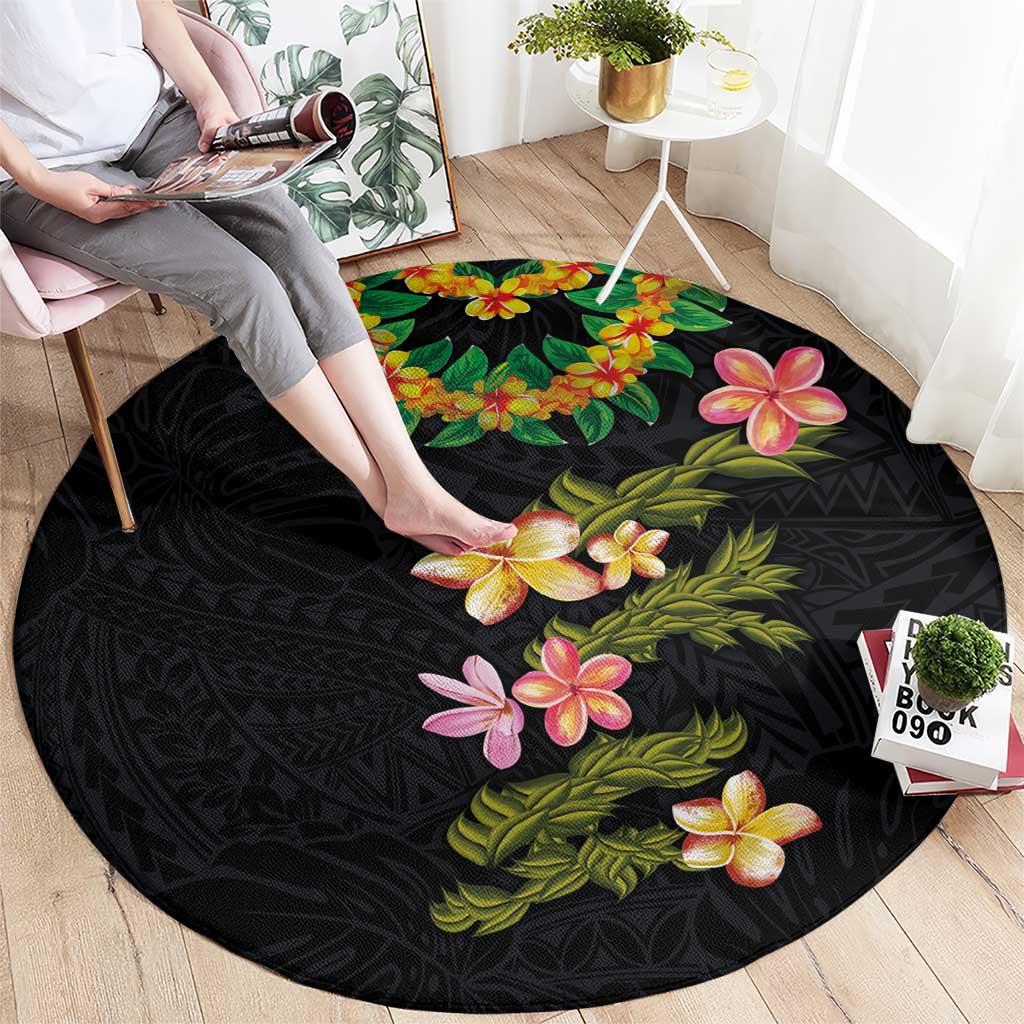Hawaiian Lei Plumeria and Tropical Leaves Round Carpet Watercolor Style