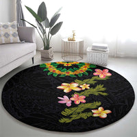 Hawaiian Lei Plumeria and Tropical Leaves Round Carpet Watercolor Style