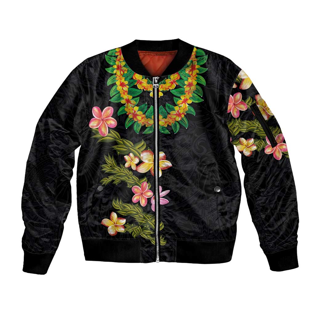 Hawaiian Lei Plumeria and Tropical Leaves Sleeve Zip Bomber Jacket Watercolor Style