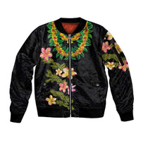 Hawaiian Lei Plumeria and Tropical Leaves Sleeve Zip Bomber Jacket Watercolor Style