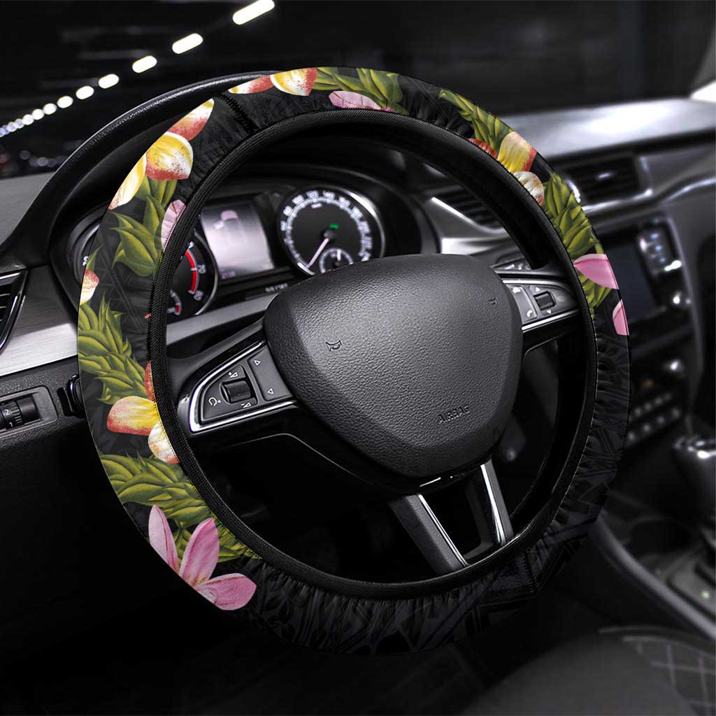 Hawaiian Lei Plumeria and Tropical Leaves Steering Wheel Cover Watercolor Style