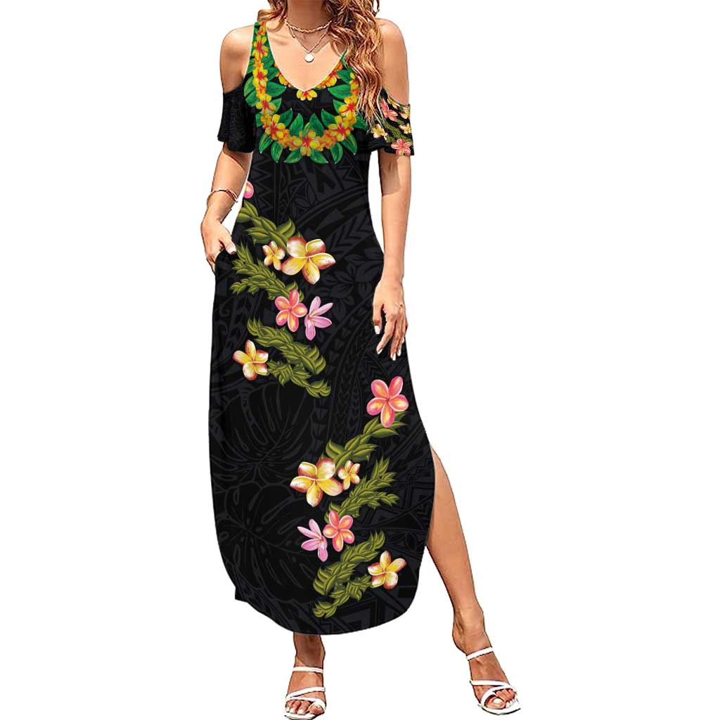 Hawaiian Lei Plumeria and Tropical Leaves Summer Maxi Dress Watercolor Style