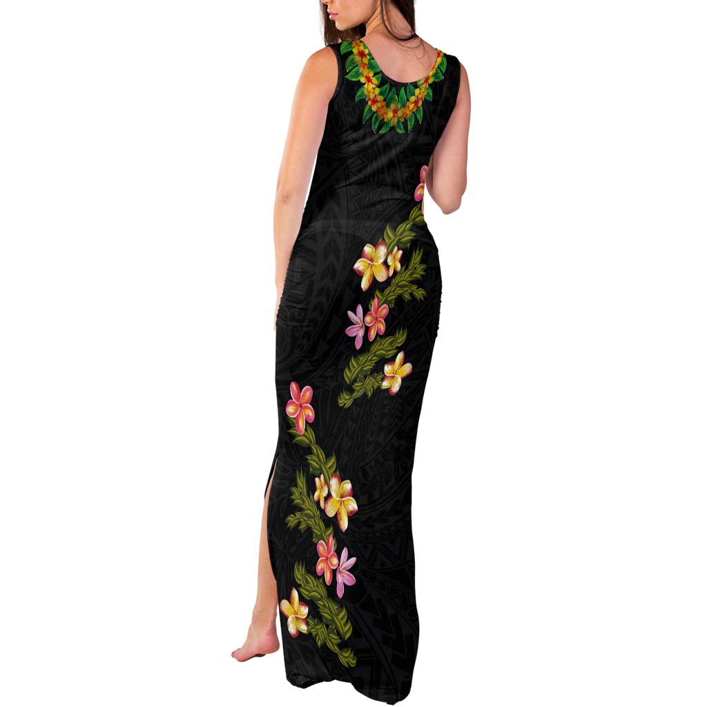 Hawaiian Lei Plumeria and Tropical Leaves Tank Maxi Dress Watercolor Style