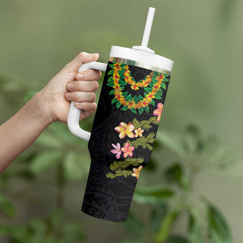 Hawaiian Lei Plumeria and Tropical Leaves Tumbler With Handle Watercolor Style