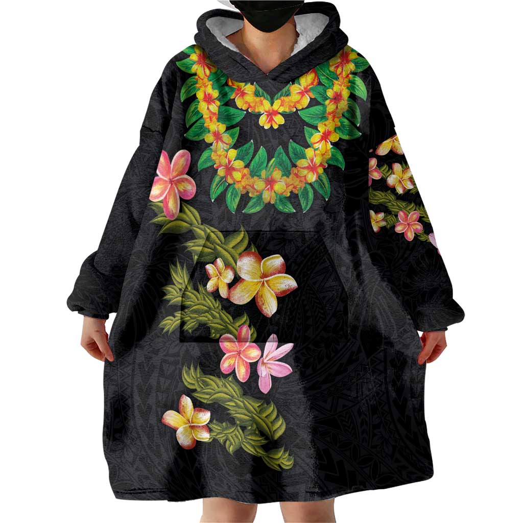 Hawaiian Lei Plumeria and Tropical Leaves Wearable Blanket Hoodie Watercolor Style