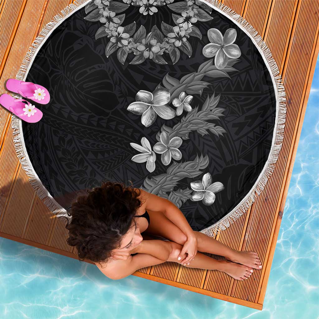 Hawaiian Lei Plumeria and Tropical Leaves Beach Blanket Watercolor Style-Grayscale