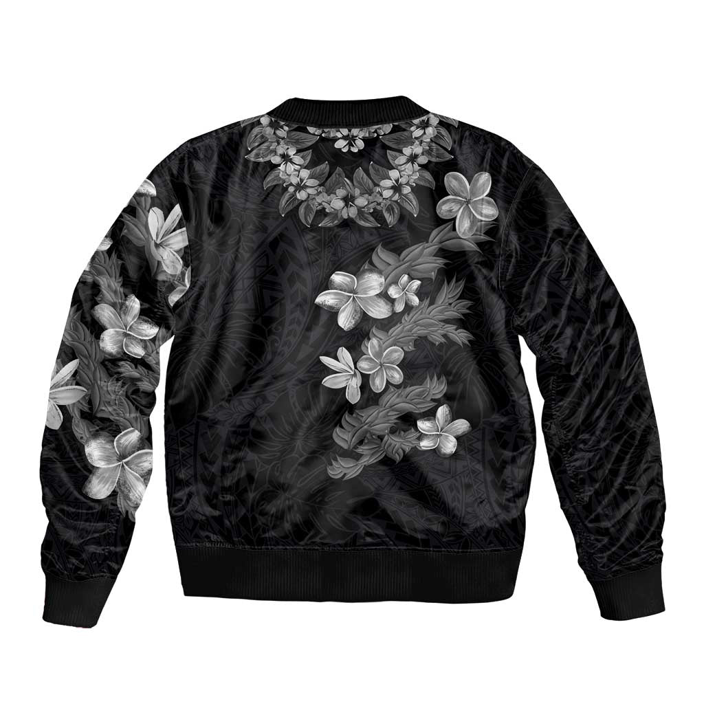 Hawaiian Lei Plumeria and Tropical Leaves Bomber Jacket Watercolor Style-Grayscale