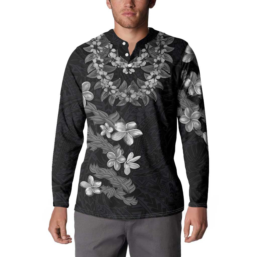 Hawaiian Lei Plumeria and Tropical Leaves Button Sweatshirt Watercolor Style-Grayscale