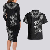 Hawaiian Lei Plumeria and Tropical Leaves Couples Matching Long Sleeve Bodycon Dress and Hawaiian Shirt Watercolor Style-Grayscale