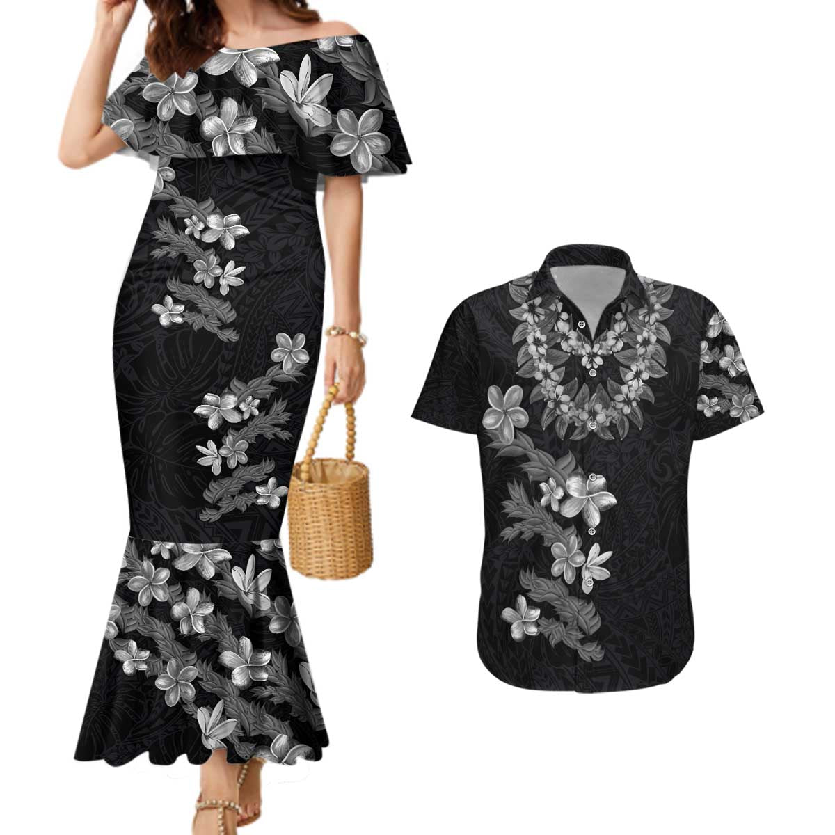 Hawaiian Lei Plumeria and Tropical Leaves Couples Matching Mermaid Dress and Hawaiian Shirt Watercolor Style-Grayscale