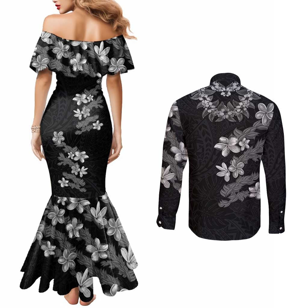 Hawaiian Lei Plumeria and Tropical Leaves Couples Matching Mermaid Dress and Long Sleeve Button Shirt Watercolor Style-Grayscale