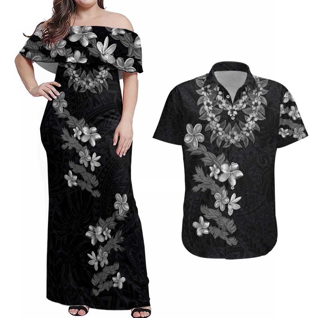 Hawaiian Lei Plumeria and Tropical Leaves Couples Matching Off Shoulder Maxi Dress and Hawaiian Shirt Watercolor Style-Grayscale