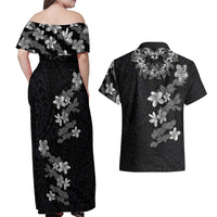 Hawaiian Lei Plumeria and Tropical Leaves Couples Matching Off Shoulder Maxi Dress and Hawaiian Shirt Watercolor Style-Grayscale