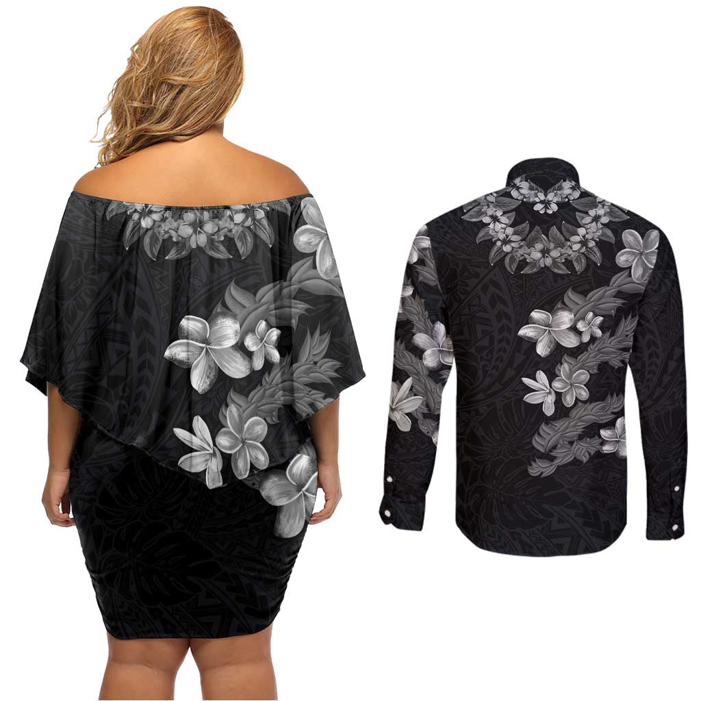 Hawaiian Lei Plumeria and Tropical Leaves Couples Matching Off Shoulder Short Dress and Long Sleeve Button Shirt Watercolor Style-Grayscale