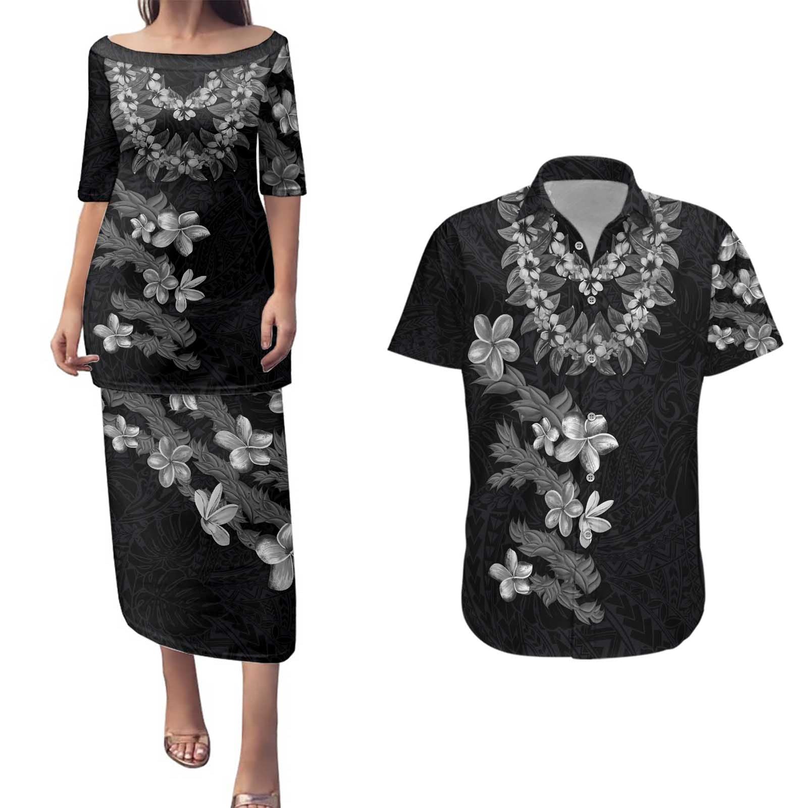 Hawaiian Lei Plumeria and Tropical Leaves Couples Matching Puletasi and Hawaiian Shirt Watercolor Style-Grayscale