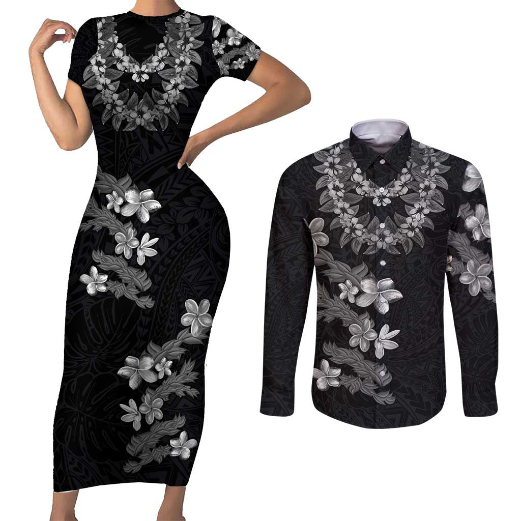 Hawaiian Lei Plumeria and Tropical Leaves Couples Matching Short Sleeve Bodycon Dress and Long Sleeve Button Shirt Watercolor Style-Grayscale