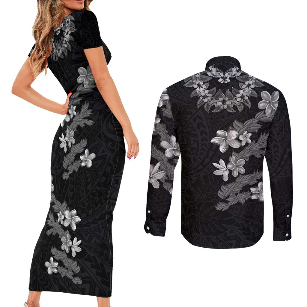 Hawaiian Lei Plumeria and Tropical Leaves Couples Matching Short Sleeve Bodycon Dress and Long Sleeve Button Shirt Watercolor Style-Grayscale