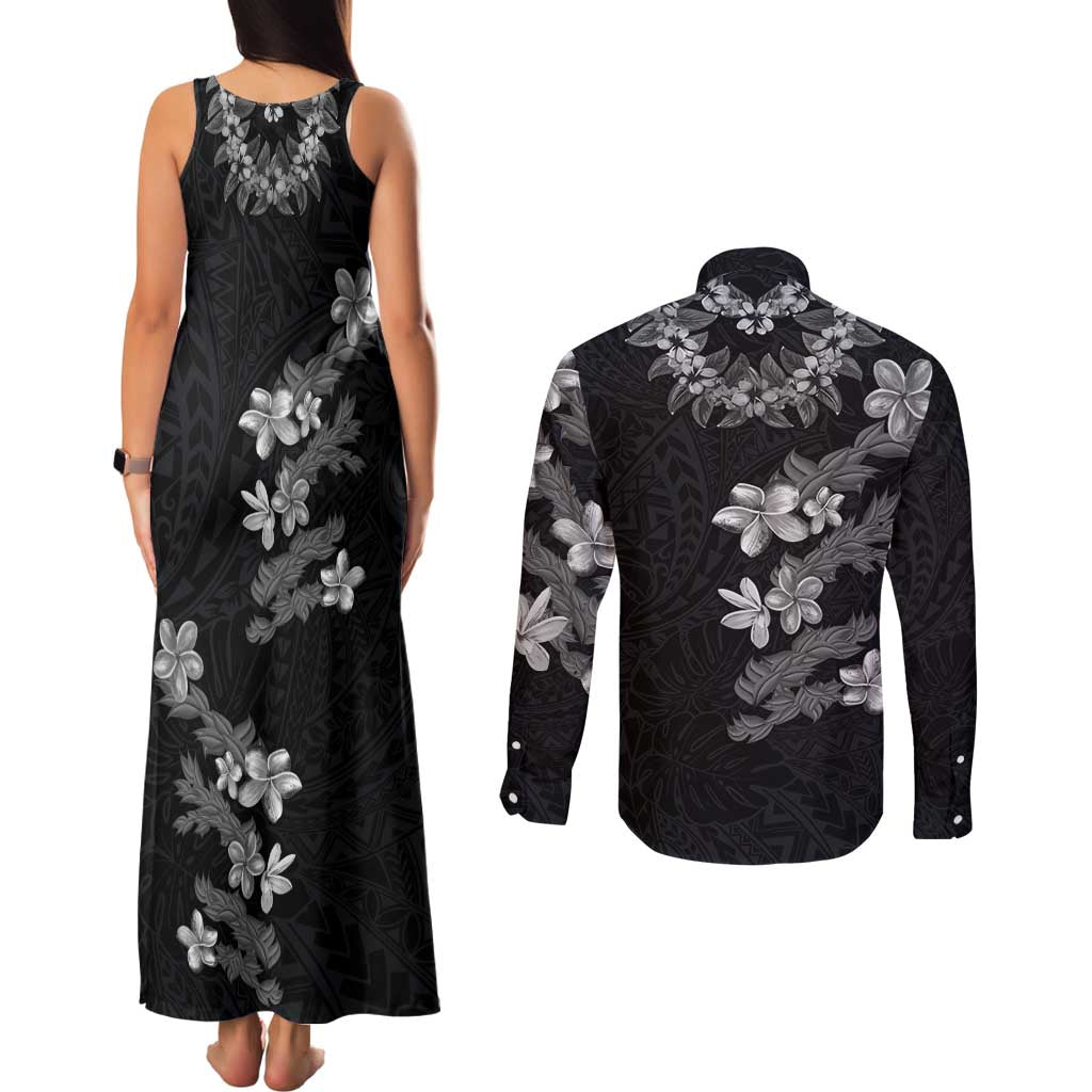 Hawaiian Lei Plumeria and Tropical Leaves Couples Matching Tank Maxi Dress and Long Sleeve Button Shirt Watercolor Style-Grayscale
