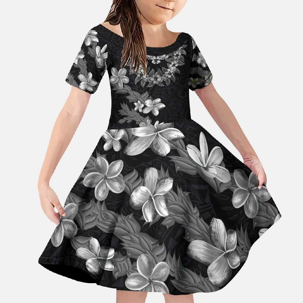 Hawaiian Lei Plumeria and Tropical Leaves Family Matching Off Shoulder Maxi Dress and Hawaiian Shirt Watercolor Style-Grayscale