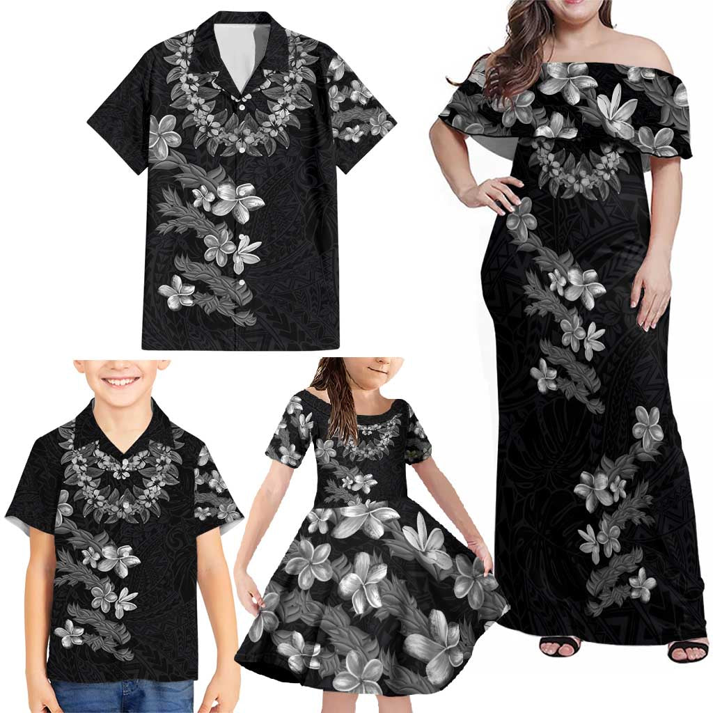 Hawaiian Lei Plumeria and Tropical Leaves Family Matching Off Shoulder Maxi Dress and Hawaiian Shirt Watercolor Style-Grayscale