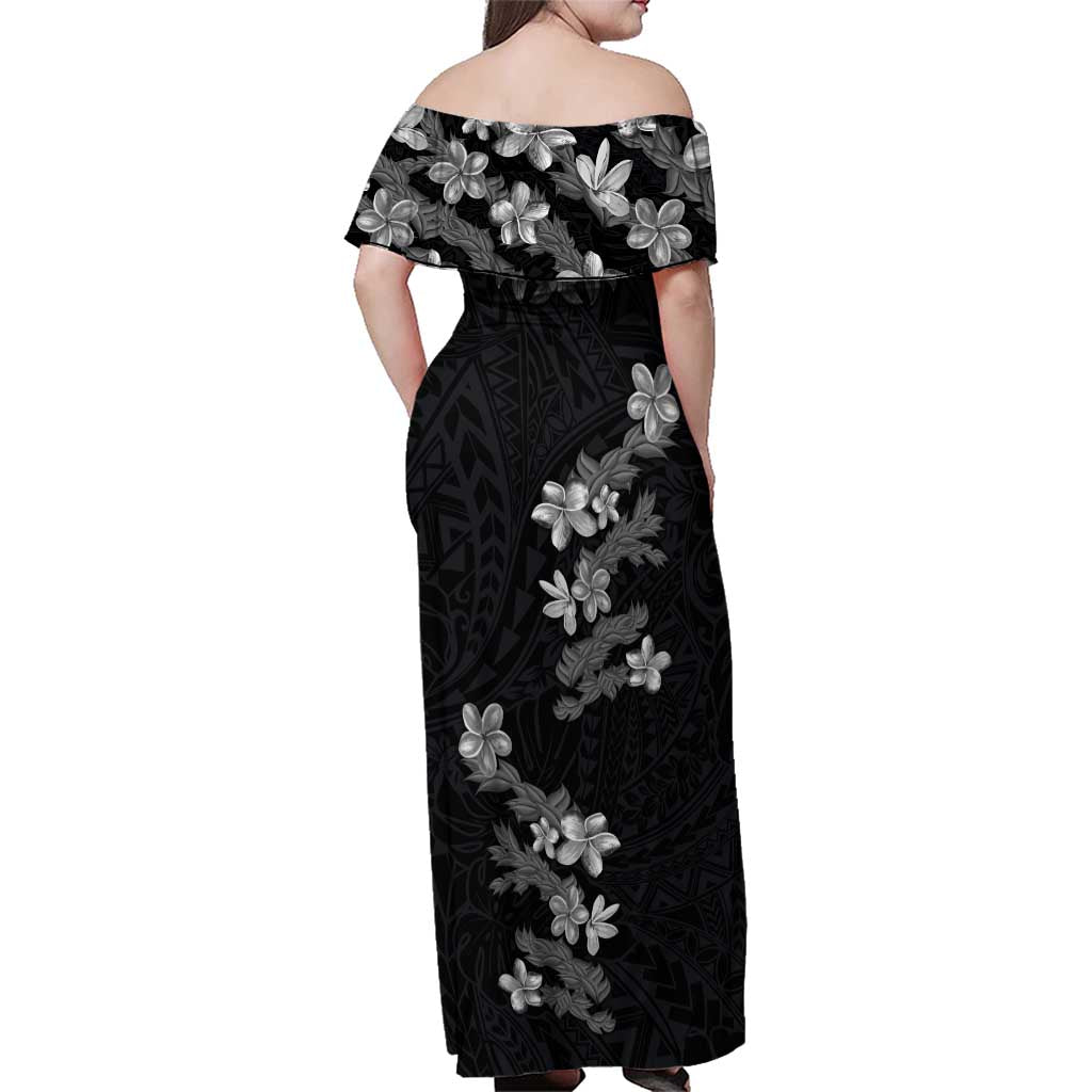 Hawaiian Lei Plumeria and Tropical Leaves Family Matching Off Shoulder Maxi Dress and Hawaiian Shirt Watercolor Style-Grayscale