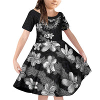 Hawaiian Lei Plumeria and Tropical Leaves Family Matching Off Shoulder Short Dress and Hawaiian Shirt Watercolor Style-Grayscale