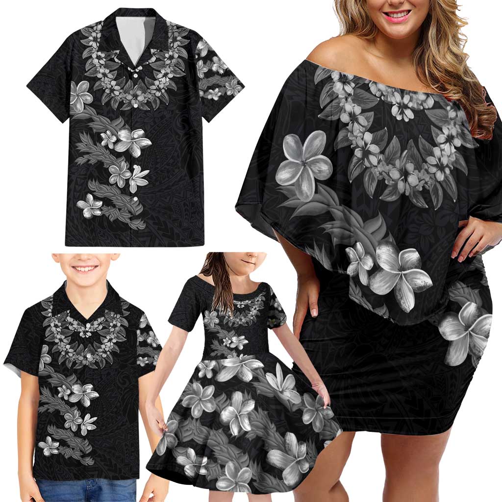 Hawaiian Lei Plumeria and Tropical Leaves Family Matching Off Shoulder Short Dress and Hawaiian Shirt Watercolor Style-Grayscale
