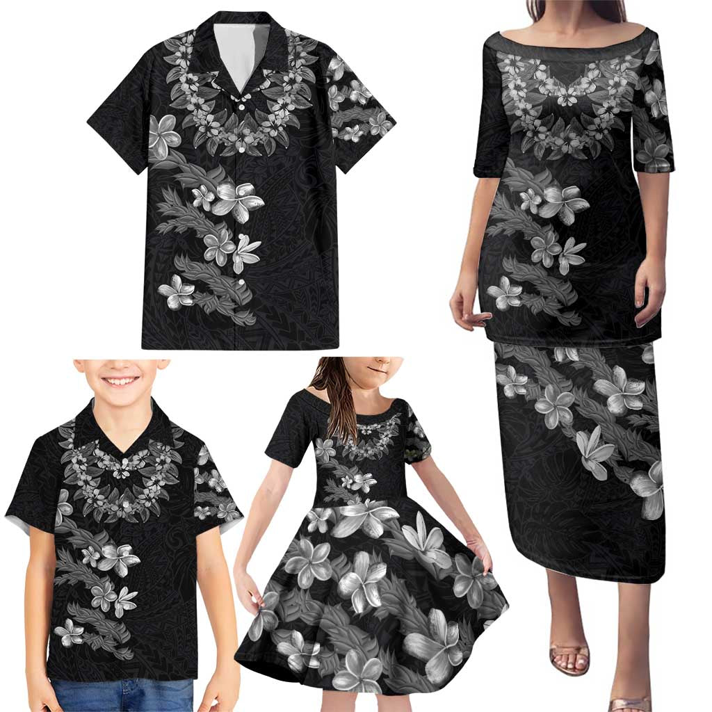 Hawaiian Lei Plumeria and Tropical Leaves Family Matching Puletasi and Hawaiian Shirt Watercolor Style-Grayscale