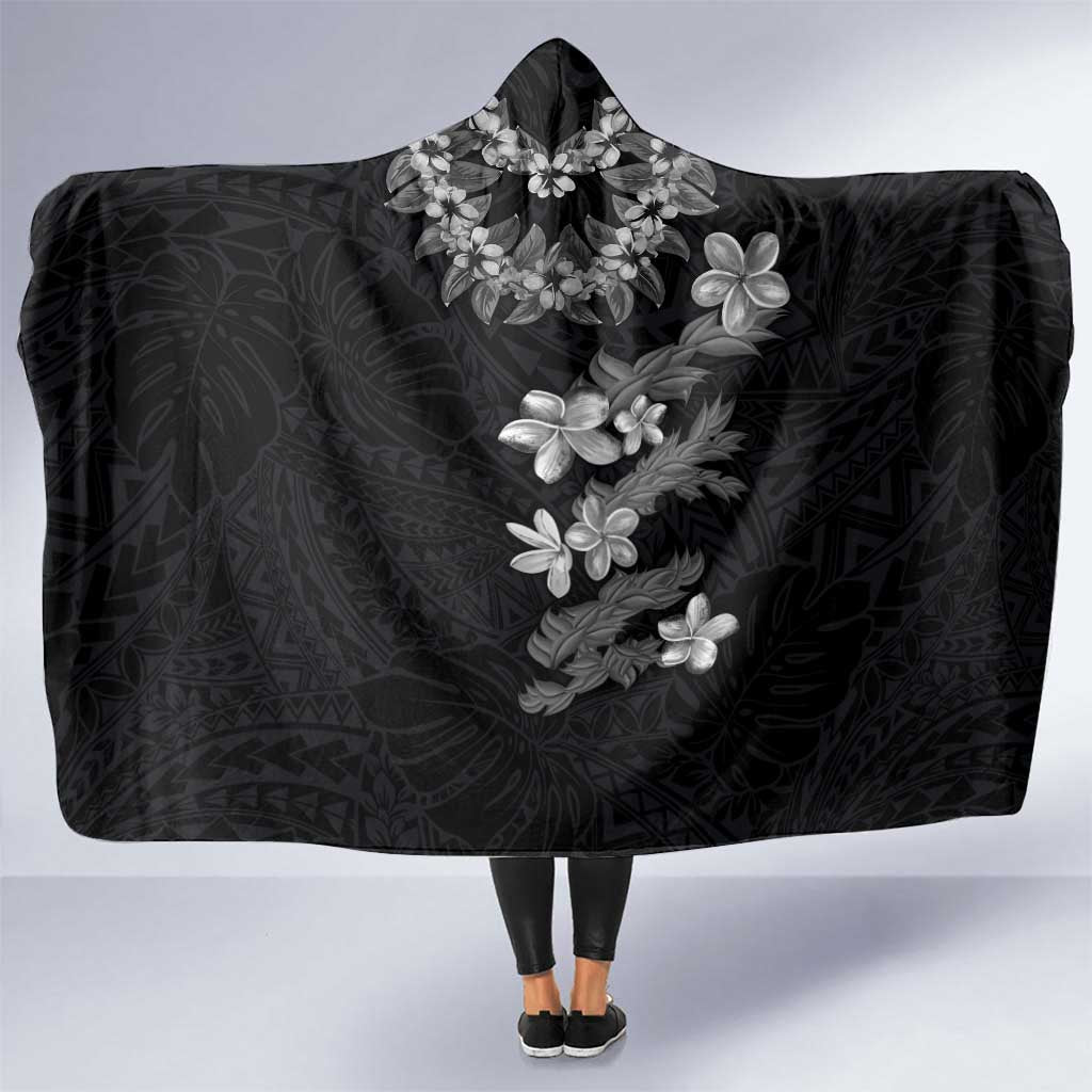 Hawaiian Lei Plumeria and Tropical Leaves Hooded Blanket Watercolor Style-Grayscale