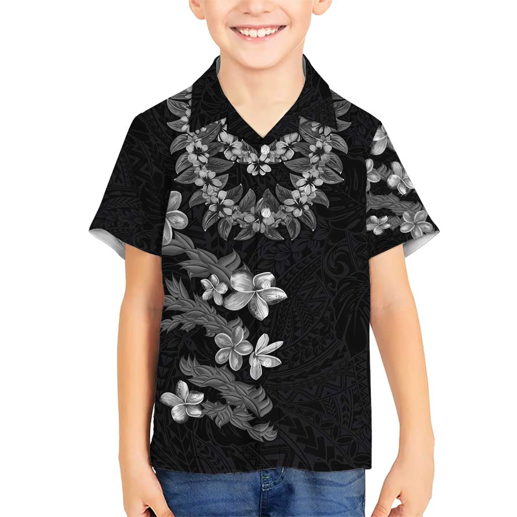 Hawaiian Lei Plumeria and Tropical Leaves Kid Hawaiian Shirt Watercolor Style-Grayscale