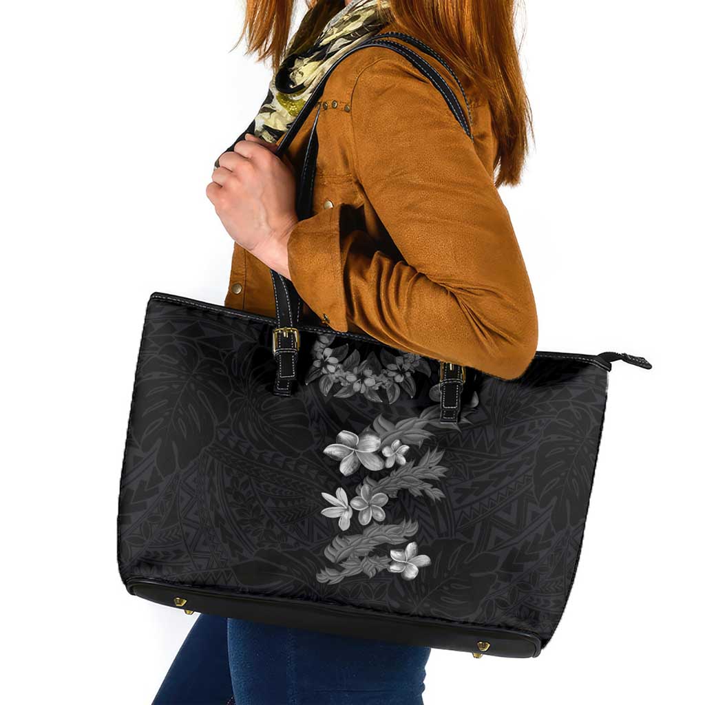 Hawaiian Lei Plumeria and Tropical Leaves Leather Tote Bag Watercolor Style-Grayscale LT03 Black - Polynesian Pride