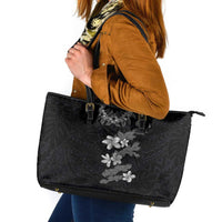 Hawaiian Lei Plumeria and Tropical Leaves Leather Tote Bag Watercolor Style-Grayscale LT03 Black - Polynesian Pride