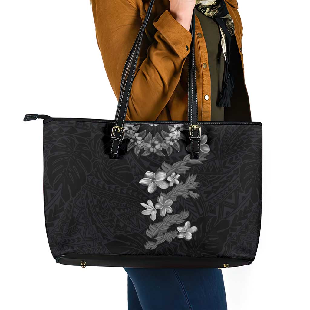 Hawaiian Lei Plumeria and Tropical Leaves Leather Tote Bag Watercolor Style-Grayscale LT03 - Polynesian Pride