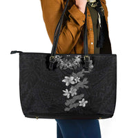 Hawaiian Lei Plumeria and Tropical Leaves Leather Tote Bag Watercolor Style-Grayscale LT03 - Polynesian Pride