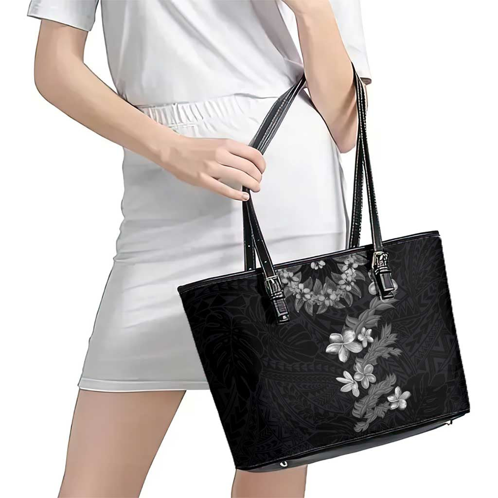 Hawaiian Lei Plumeria and Tropical Leaves Leather Tote Bag Watercolor Style-Grayscale LT03 - Polynesian Pride