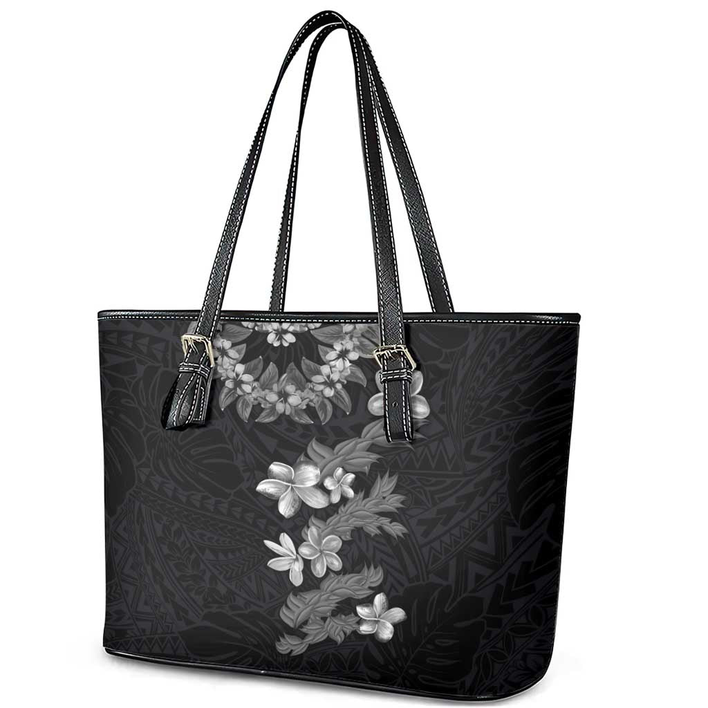 Hawaiian Lei Plumeria and Tropical Leaves Leather Tote Bag Watercolor Style-Grayscale LT03 - Polynesian Pride