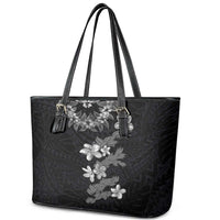 Hawaiian Lei Plumeria and Tropical Leaves Leather Tote Bag Watercolor Style-Grayscale LT03 - Polynesian Pride