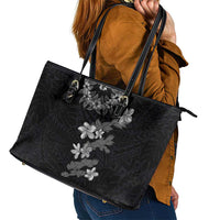 Hawaiian Lei Plumeria and Tropical Leaves Leather Tote Bag Watercolor Style-Grayscale LT03 - Polynesian Pride