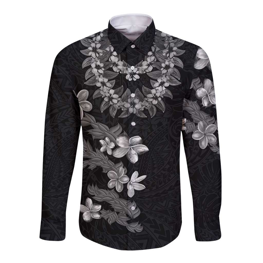 Hawaiian Lei Plumeria and Tropical Leaves Long Sleeve Button Shirt Watercolor Style-Grayscale