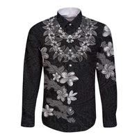 Hawaiian Lei Plumeria and Tropical Leaves Long Sleeve Button Shirt Watercolor Style-Grayscale