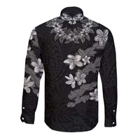 Hawaiian Lei Plumeria and Tropical Leaves Long Sleeve Button Shirt Watercolor Style-Grayscale