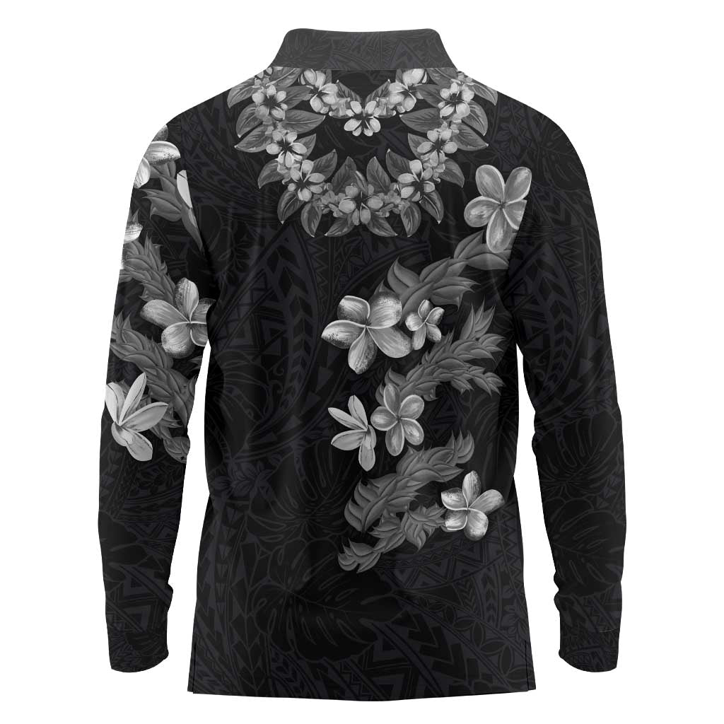 Hawaiian Lei Plumeria and Tropical Leaves Long Sleeve Polo Shirt Watercolor Style-Grayscale